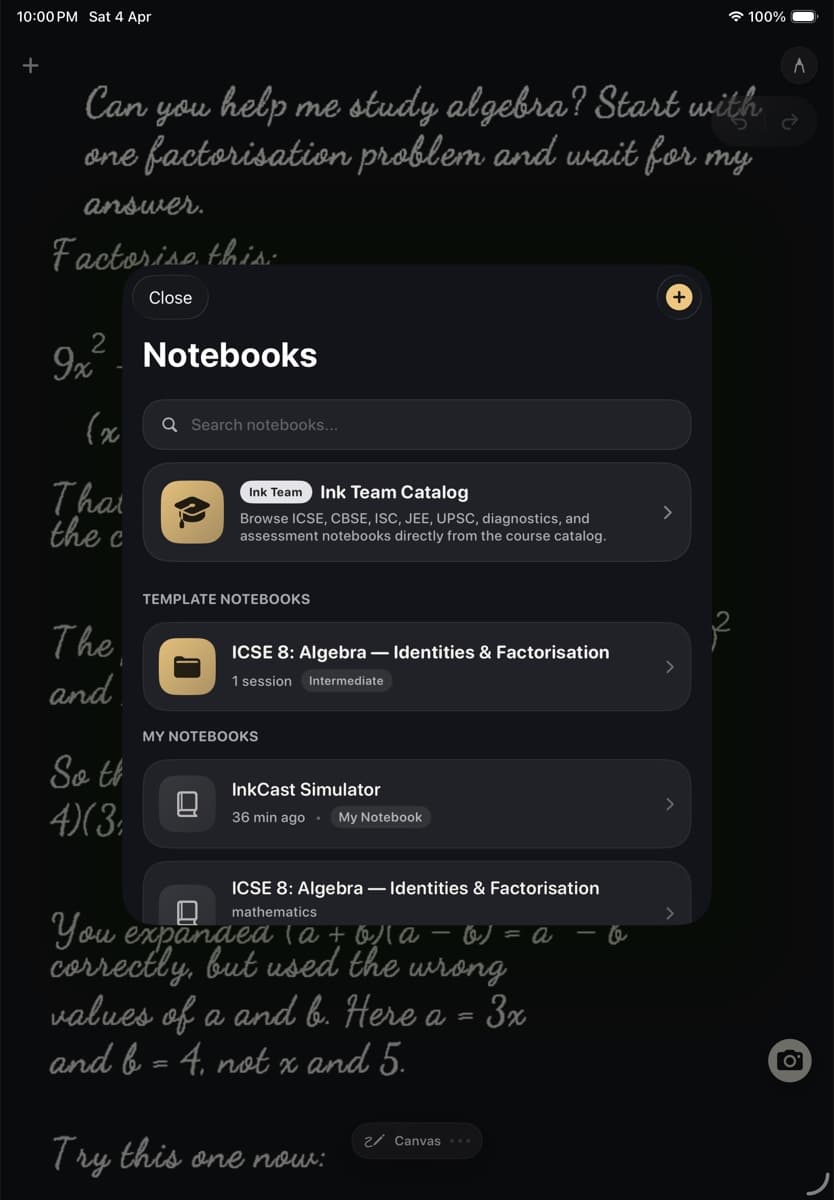 InkCast Notebook Library showing learning notebooks and course-oriented study work.